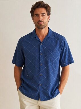 Tommy Bahama Men’s Blue Silk Windowpane Argyle Plaid Button Up Resort Casual XL